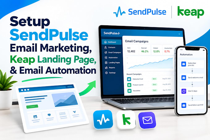 setup sendpulse email marketing, keap landing page automation