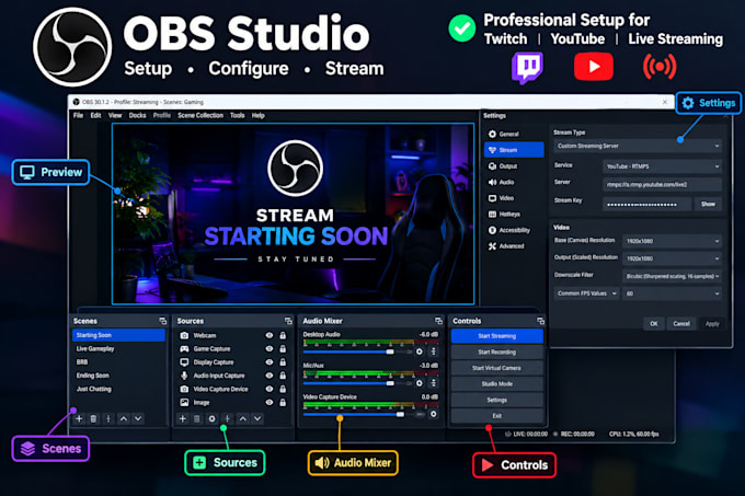 configure obs studio for twitch youtube and live streaming