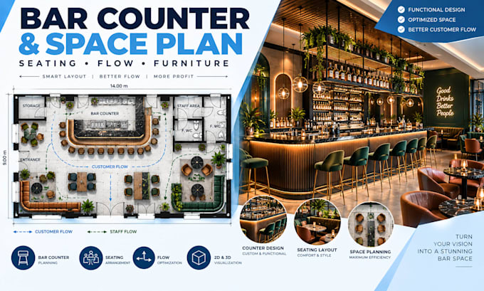 design cocktail bar layout with counter, seating and functional space planning
