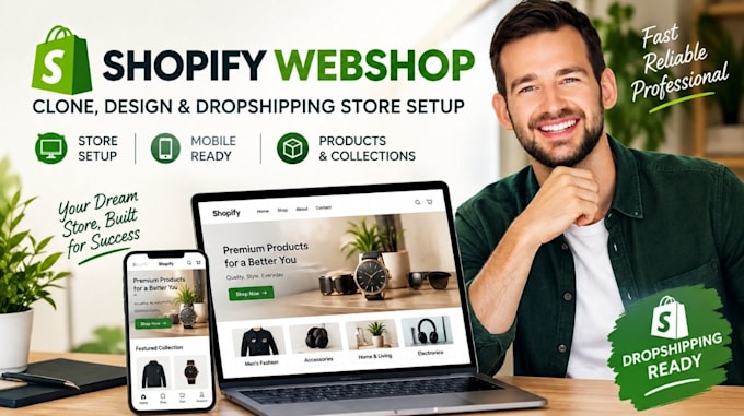 shopify webshop clone, design and dropshipping store setup