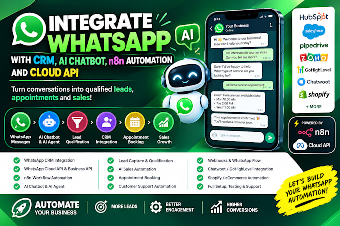 integrate whatsapp with CRM, ai chatbot, n8n automation and cloud API