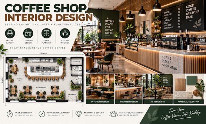 design coffee shop seating layout, counter and functional interior design plan