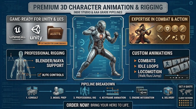 make realistic game ready combat character animation character rigging unity ue5