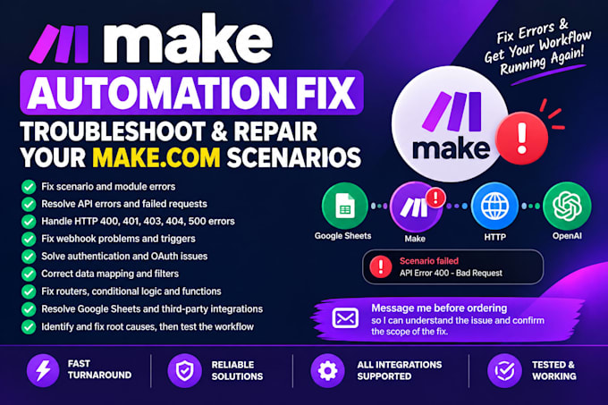 fix make com automation errors, API issues and failed workflows