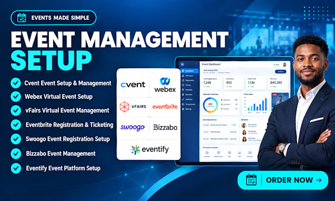 setup event management via cvent webex vfairs eventbrite swoogo bizzabo eventify