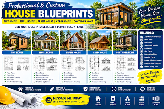 design tiny house, small house, frame house, cabin house, container blueprints