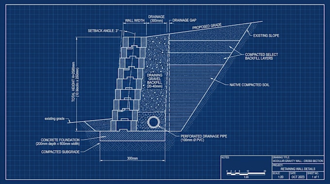 draw modular block and gravity retaining wall cad section details for permit