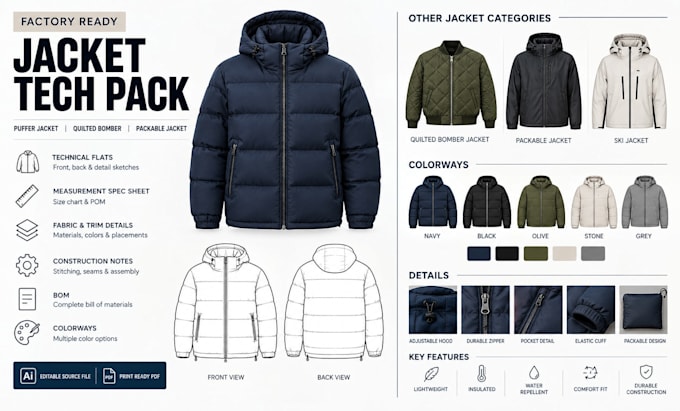 design tech pack for puffer, quilted, and packable jackets for manufacturing