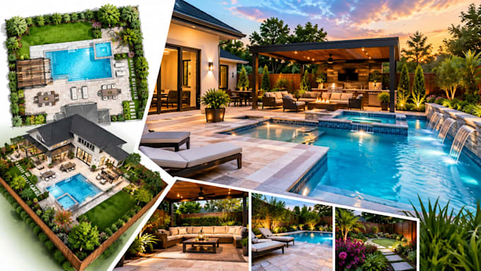 design 2d 3d backyard landscape, pool, patio and pergola