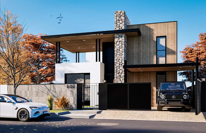redesign tiny house exterior, facade cladding, roofline design, terrace render