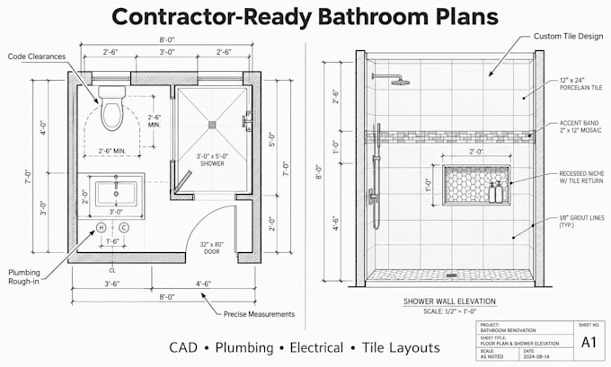 design bathroom renovation plans, layout fixtures, plumbing, elevation drawings
