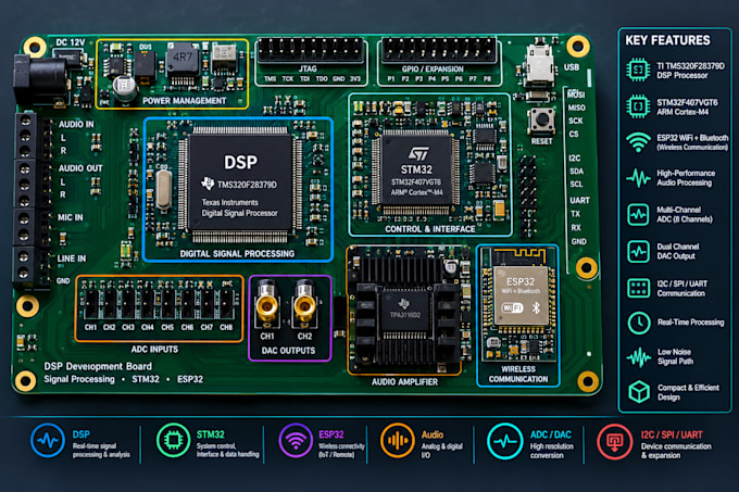 design dsp pcb with stm32, esp32 and digital signal processing