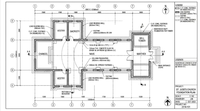 draw 2d church elevation plan, site plan, foundation drawing roofing and framing