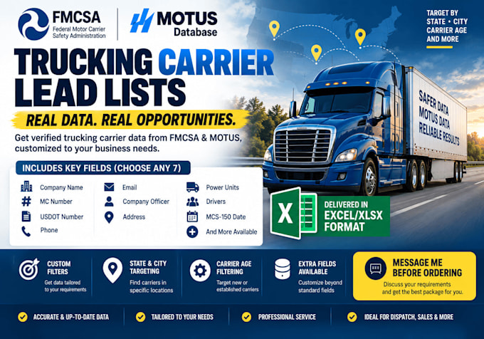 provide fresh trucking leads from fmcsa and motus databases