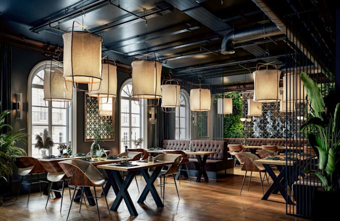 detailed 3d restaurant,cafe, bar,interior design, seating layout,realisticrender