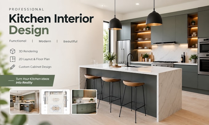 design your kitchen interior, cabinet layout with realistic 3d rendering
