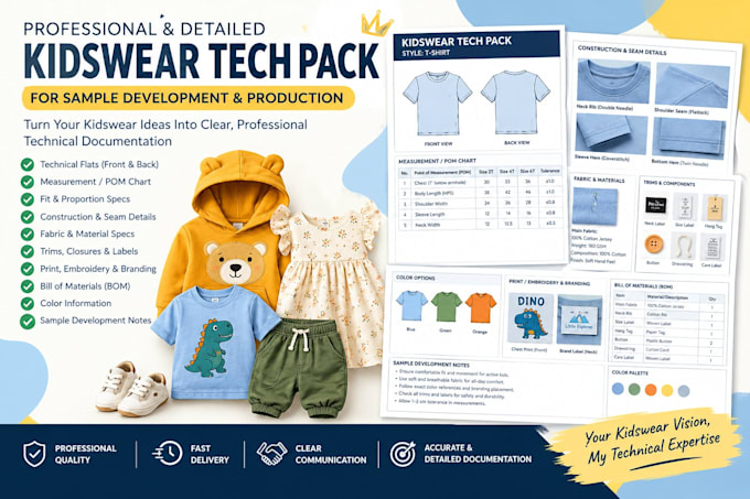 create a kidswear tech pack for sample development and production