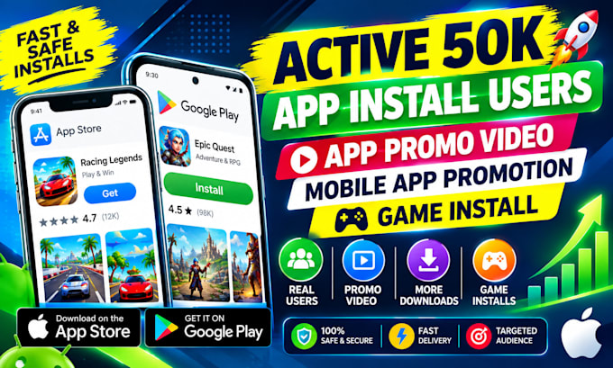 active 700k app install users, app promo video, moble app promotion game install