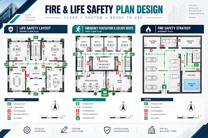 design fire emergency evacuation plan, map and safety diagram