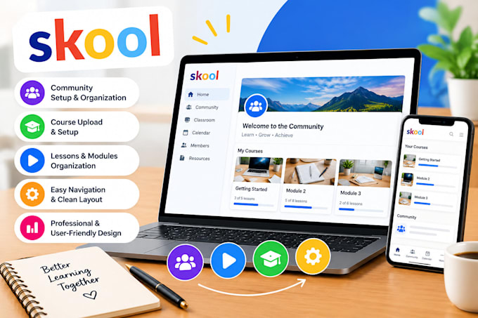 organize, manage easy to navigate skool classroom, skool course upload, lessons