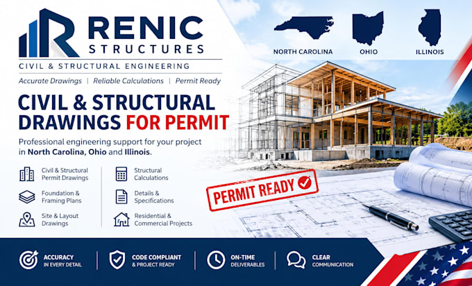 do illinois california nc florida civil structural engineer drawings for permit