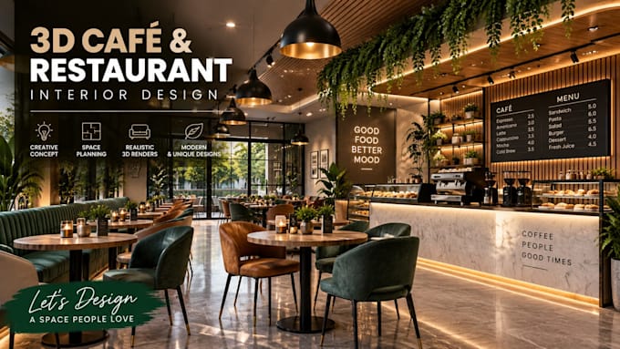 design a modern cafe or restaurant interior in 3d