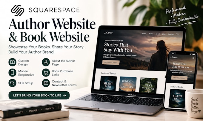 design a squarespace author website, book website and book landing page
