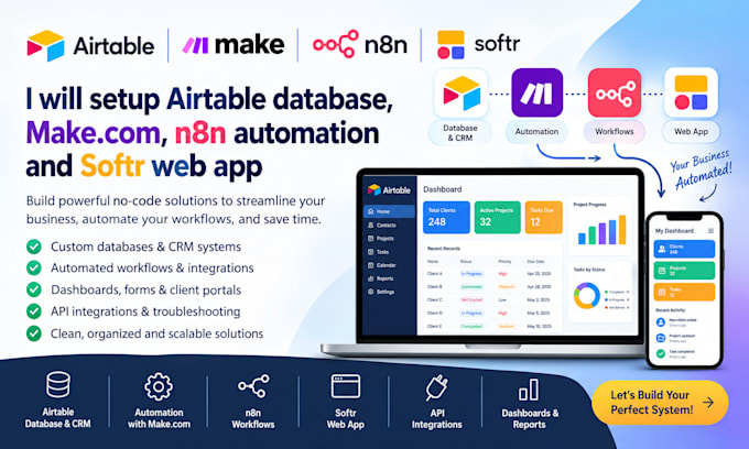 setup airtable database makecom n8n automation and softr web app