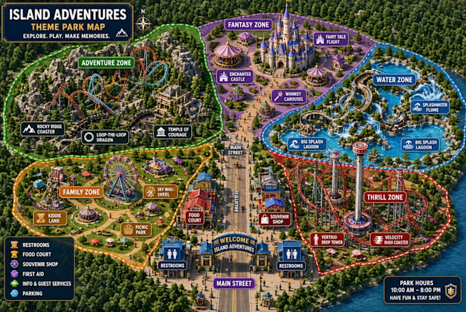 create an illustrated attraction map theme park map zoo map amusement park