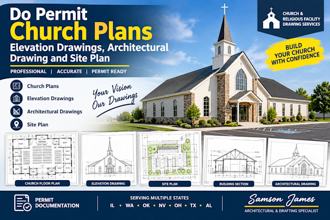 do permit church plans, elevation drawing, architectural drawing and site plans