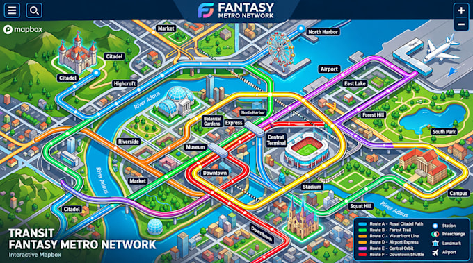 design interactive fictional transit fantasy metro network rail maps in mapbox