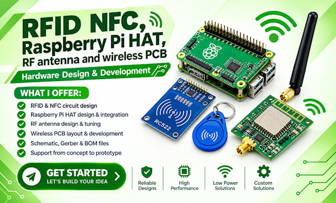 design rfid nfc, raspberry pi hat, rf antenna and wireless pcb hardware