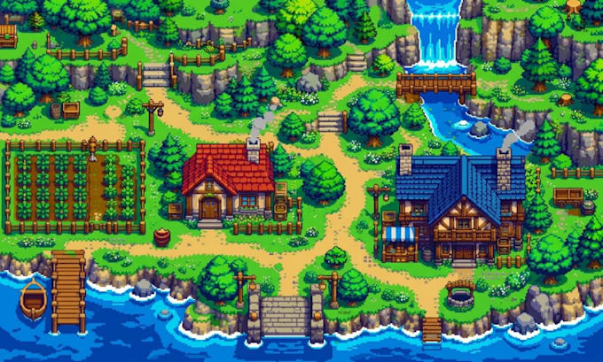 create topdown pixel art tileset map character sprite sheet rpg maker game asset