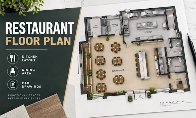 design restaurant floor plan, kitchen layout, dining area and cad drawings