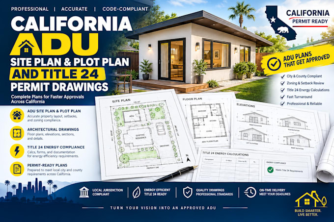 design california adu site plan, parking layout, plot plan, title24 permit plan