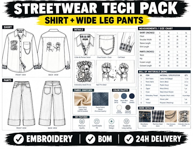 design streetwear tech pack and clothing tech pack with bom