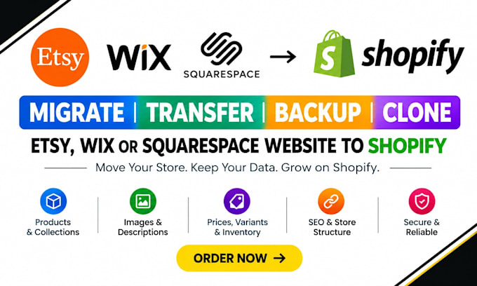 migrate transfer backup clone etsy wix squarespace website to shopify migration