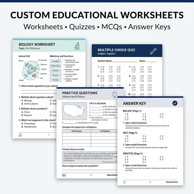 create educational worksheets, quizzes and answer keys for any subject