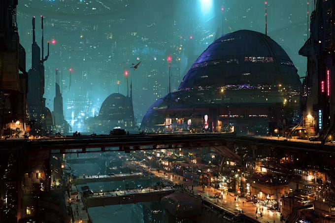 create cinematic sci fi city illustrations