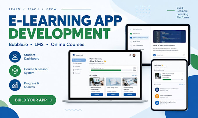build e learning app, bubble io lms and online course