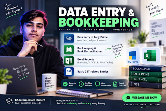 do accurate data entry and bookkeeping in tally prime and excel