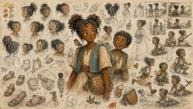 create hand drawn childrens book character designs