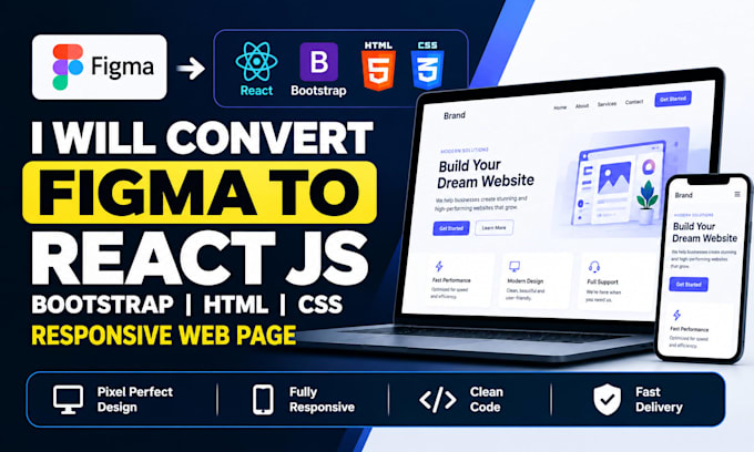 convert figma to react js bootstrap html css responsive web page
