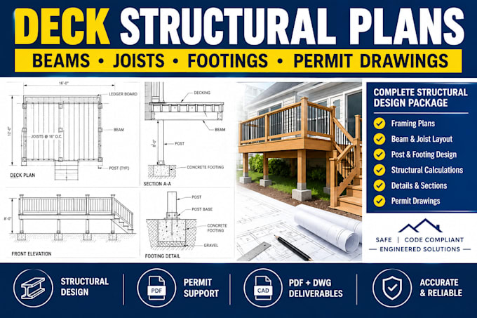 design deck structural plans, framing, beams, joists and footings