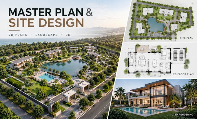 design master plan, site plan, 2d floor plan, landscape and 3d rendering
