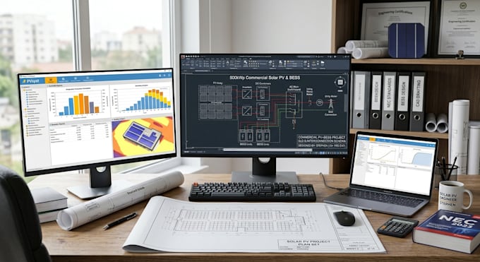 do solar pv project design pvsyst simulation cad drafting bess sld