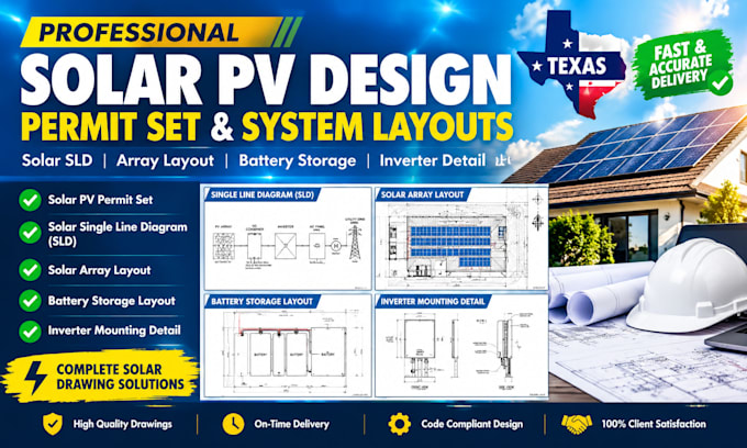 design texas solar pv permit set, solar sld, array layout, battery storage