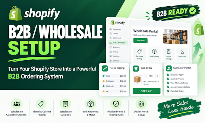 shopify b2b wholesale setup tiered pricing, catalogs portals bulk ordering