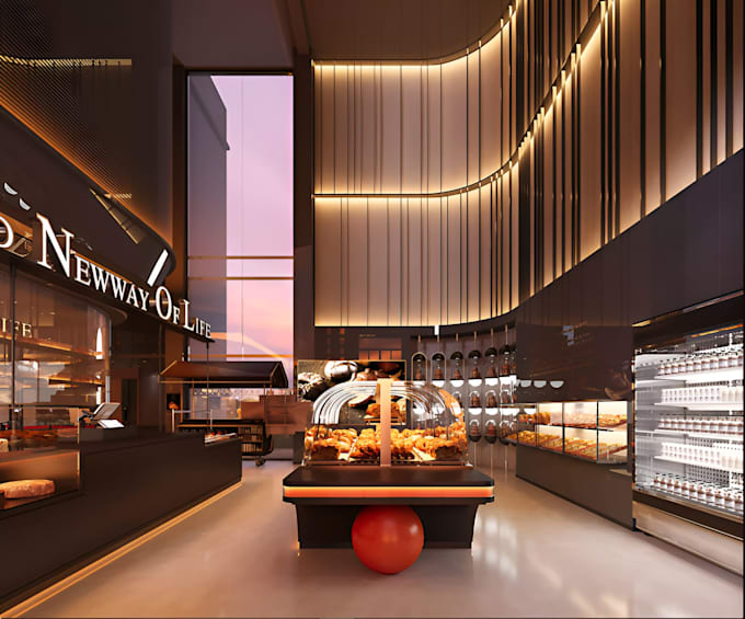 design luxury 3d bakery, 3d restaurant interior, bar, cafe with 3d rendering