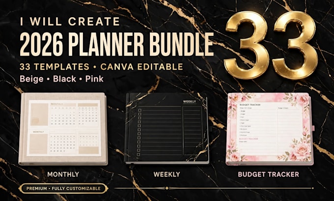 create 2026 planner bundle 33 templates canva editable beige black pink a4